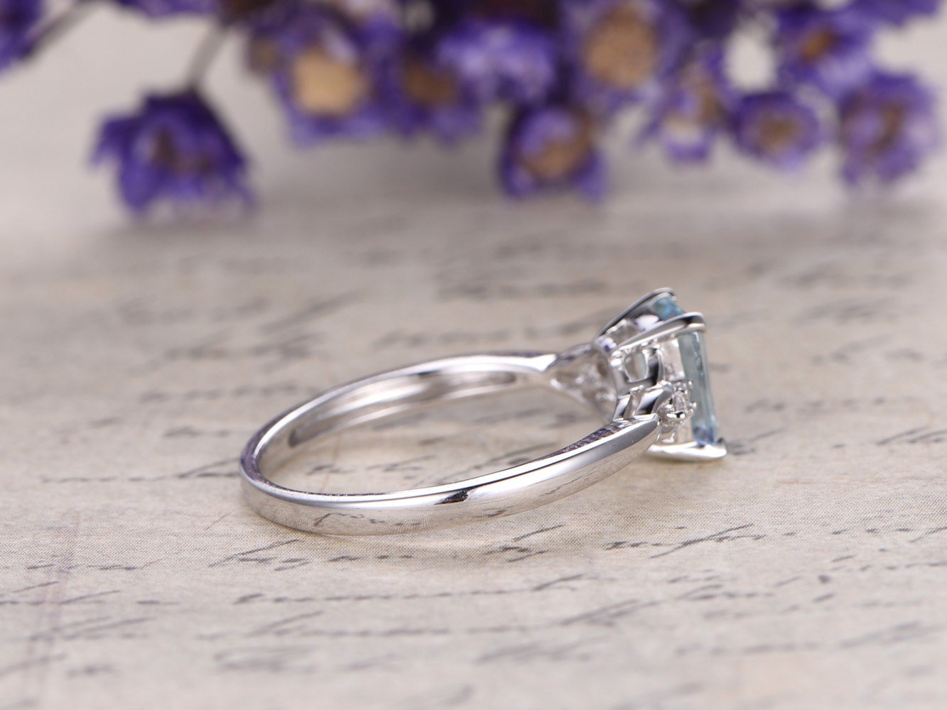 Natural aquamarine engagement ring real diamond ring solid 14k 18k white gold aquamarine ring vintage wedding promise ring gift fine jewelry - PENFINE