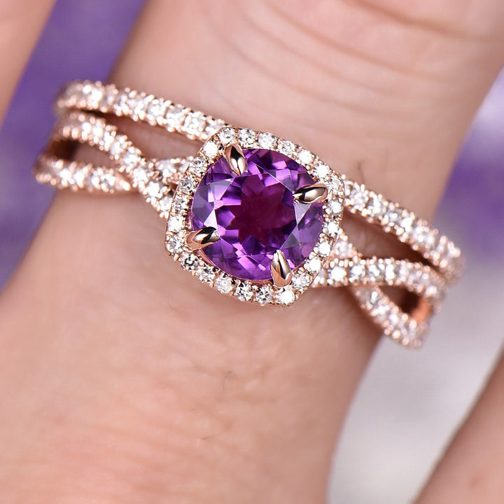 Amethyst Engagement Ring Set Rose Gold 14k 18k Wedding Ring Set Anniversary Ring Thin Pave Diamond Matching Band Twisted Full Eternity Ring - PENFINE