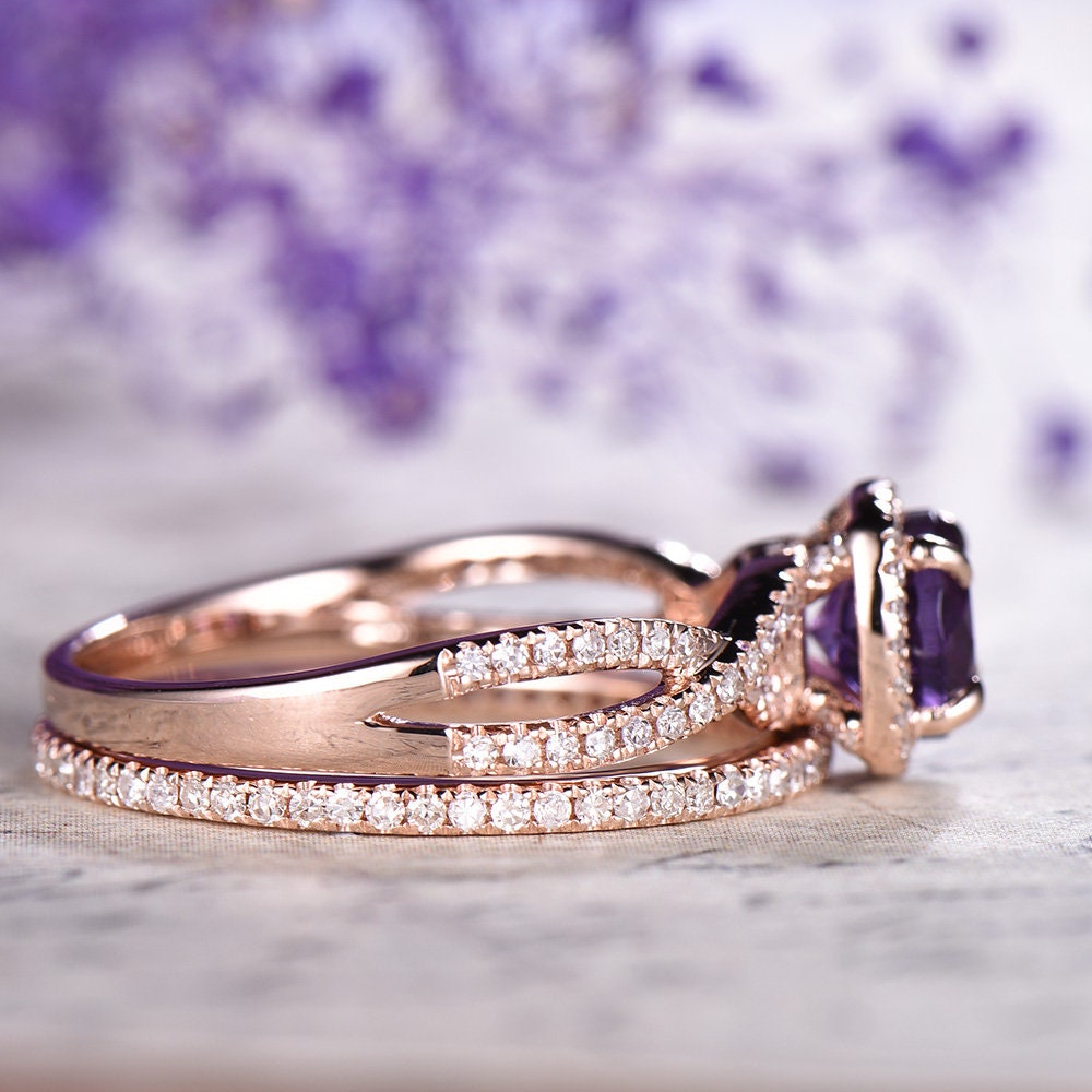 Amethyst Engagement Ring Set Rose Gold 14k 18k Wedding Ring Set Anniversary Ring Thin Pave Diamond Matching Band Twisted Full Eternity Ring - PENFINE