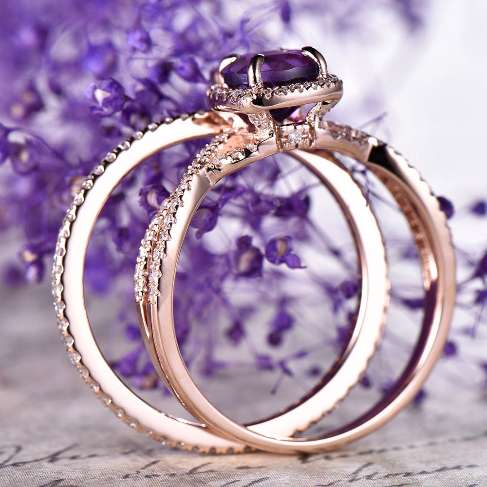 Amethyst Engagement Ring Set Rose Gold 14k 18k Wedding Ring Set Anniversary Ring Thin Pave Diamond Matching Band Twisted Full Eternity Ring - PENFINE