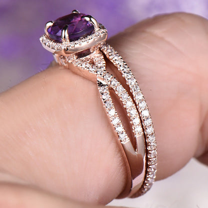 Amethyst Engagement Ring Set Rose Gold 14k 18k Wedding Ring Set Anniversary Ring Thin Pave Diamond Matching Band Twisted Full Eternity Ring - PENFINE