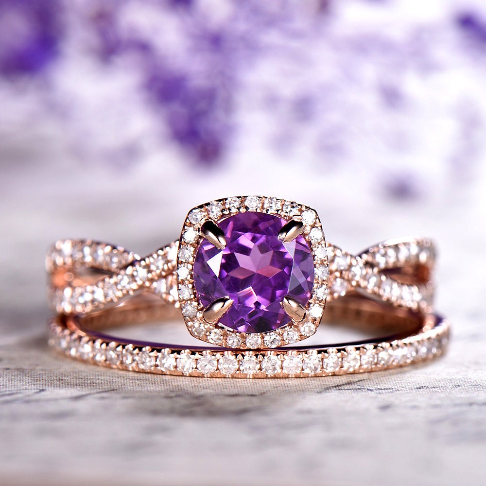 Amethyst Engagement Ring Set Rose Gold 14k 18k Wedding Ring Set Anniversary Ring Thin Pave Diamond Matching Band Twisted Full Eternity Ring - PENFINE