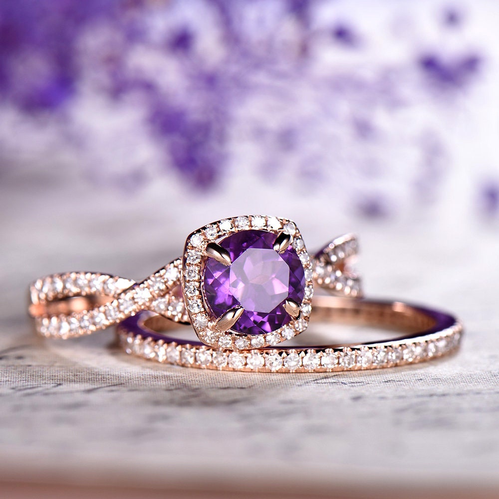 Amethyst Engagement Ring Set Rose Gold 14k 18k Wedding Ring Set Anniversary Ring Thin Pave Diamond Matching Band Twisted Full Eternity Ring - PENFINE