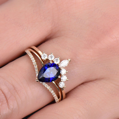 Vintage Sapphire Wedding Set Pear Shaped Sapphire Engagement Ring crown moissanite wedding band antique classic anniversary promise ring - PENFINE