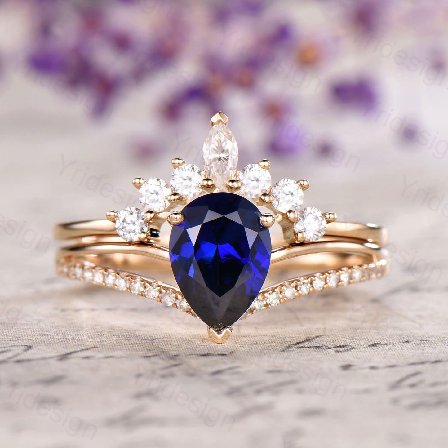 Vintage Sapphire Wedding Set Pear Shaped Sapphire Engagement Ring crown moissanite wedding band antique classic anniversary promise ring - PENFINE