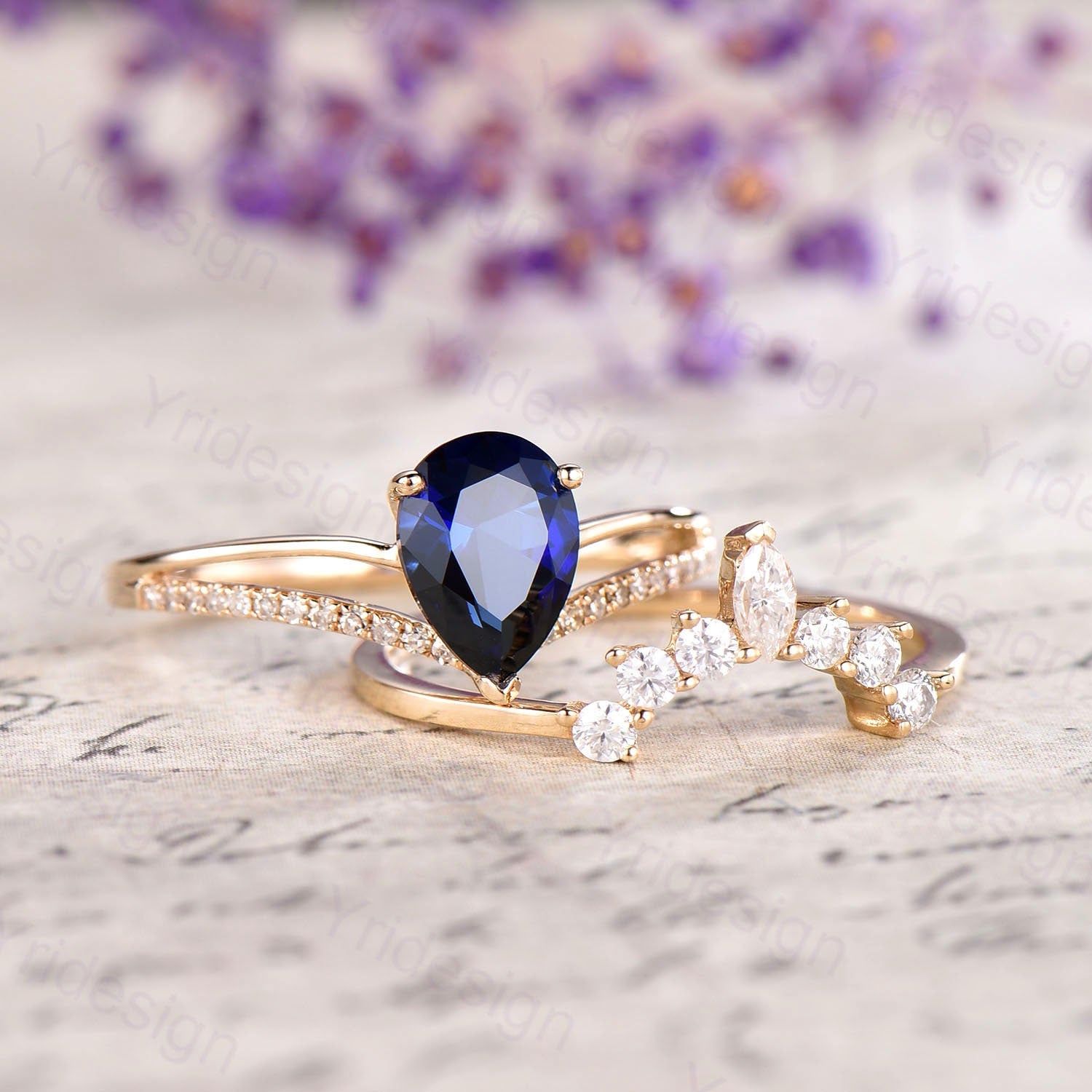 Vintage Sapphire Wedding Set Pear Shaped Sapphire Engagement Ring crown moissanite wedding band antique classic anniversary promise ring - PENFINE