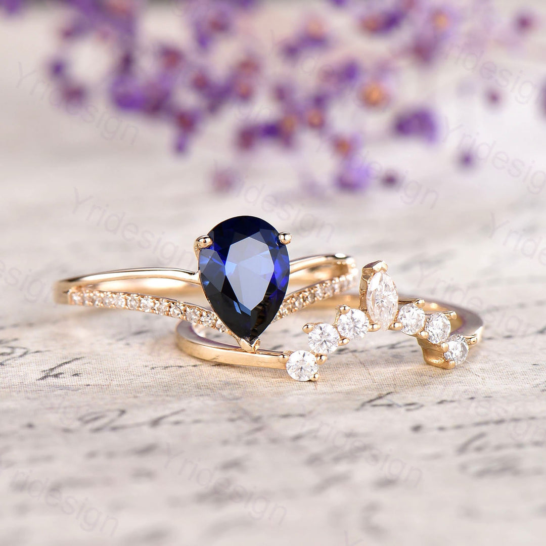 Vintage Sapphire Wedding Set Pear Shaped Sapphire Engagement Ring