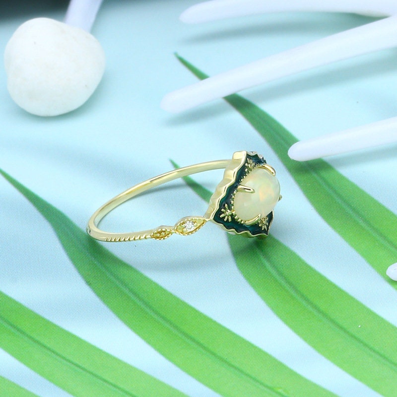 Vintage Opal Engagement Ring-Unique Opal Enamel Wedding Ring Yellow Gold-Marquise Milgrain Wedding Band Antique Anniversary Gift Women Set - PENFINE