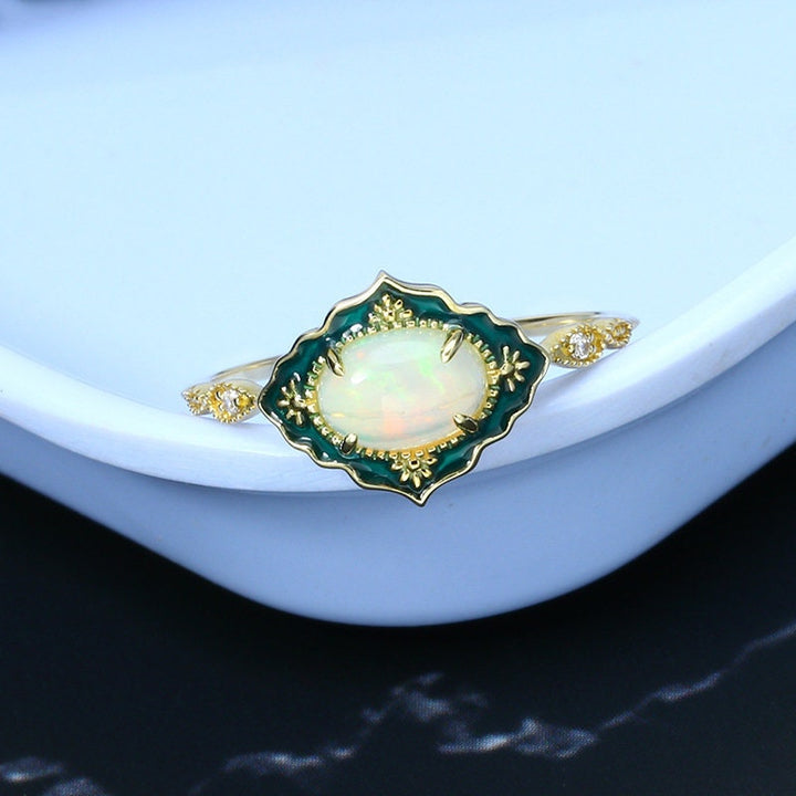 Vintage Opal Engagement Ring-Unique Opal Enamel Wedding Ring Yellow Gold-Marquise Milgrain Wedding Band Antique Anniversary Gift Women Set - PENFINE