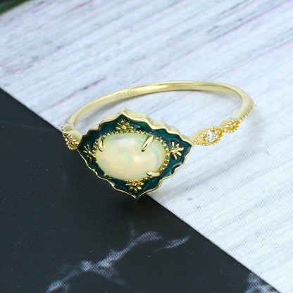 Vintage Opal Engagement Ring-Unique Opal Enamel Wedding Ring Yellow Gold-Marquise Milgrain Wedding Band Antique Anniversary Gift Women Set - PENFINE