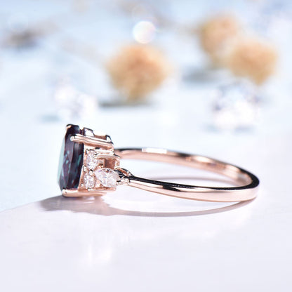 Vintage Alexandrite Engagement Ring Rose Gold Cluster Alexandrite Wedding Ring Anniversary Rings For Her Bridal Promise Anniversary Gift - PENFINE