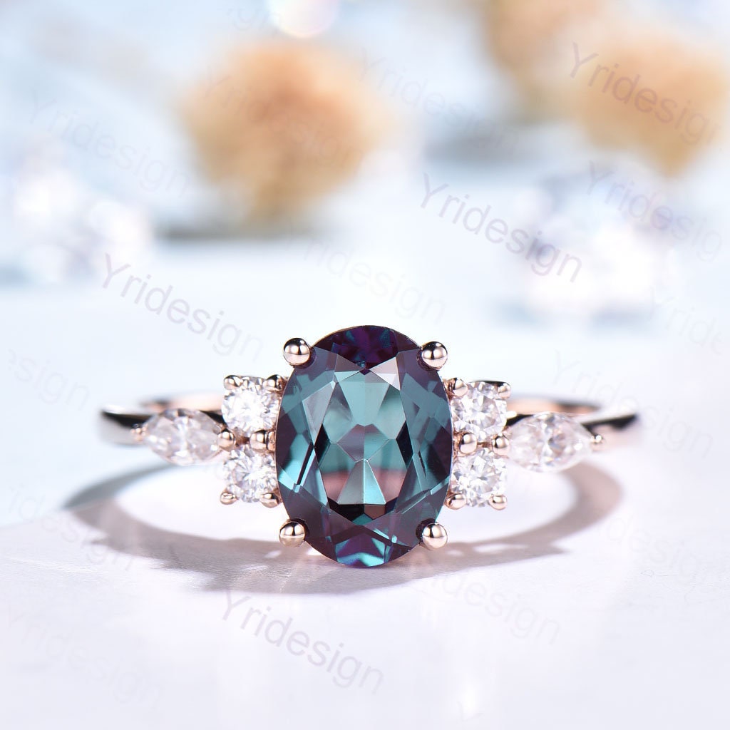 Vintage Alexandrite Engagement Ring Rose Gold Cluster Alexandrite Wedding Ring Anniversary Rings For Her Bridal Promise Anniversary Gift - PENFINE