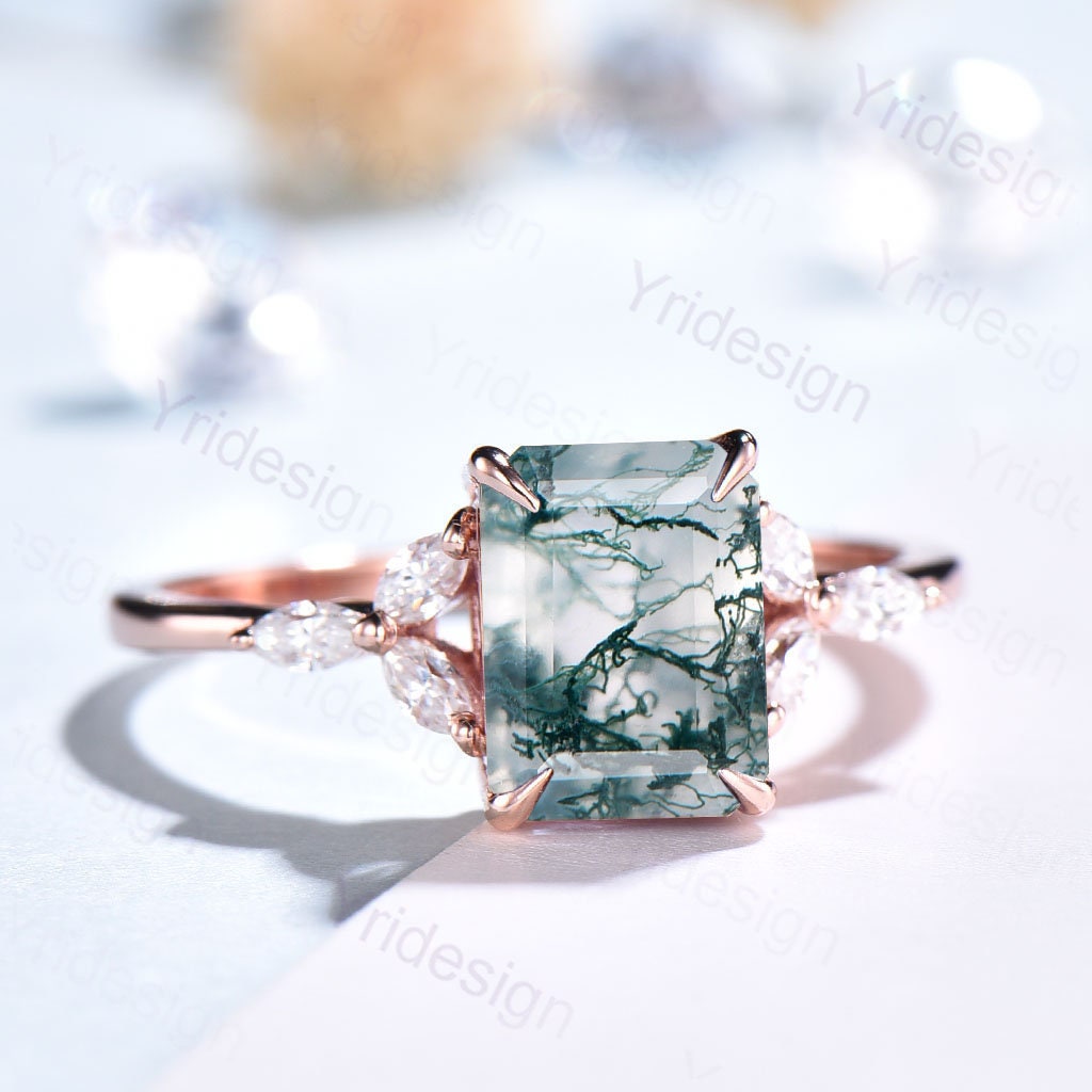 Vintage Emerald Cut Moss Agate Ring Rose Gold-14K/18K Art Deco Green Marquise Diamond Engagement Ring Wedding Ring Women Anniversary Ring - PENFINE