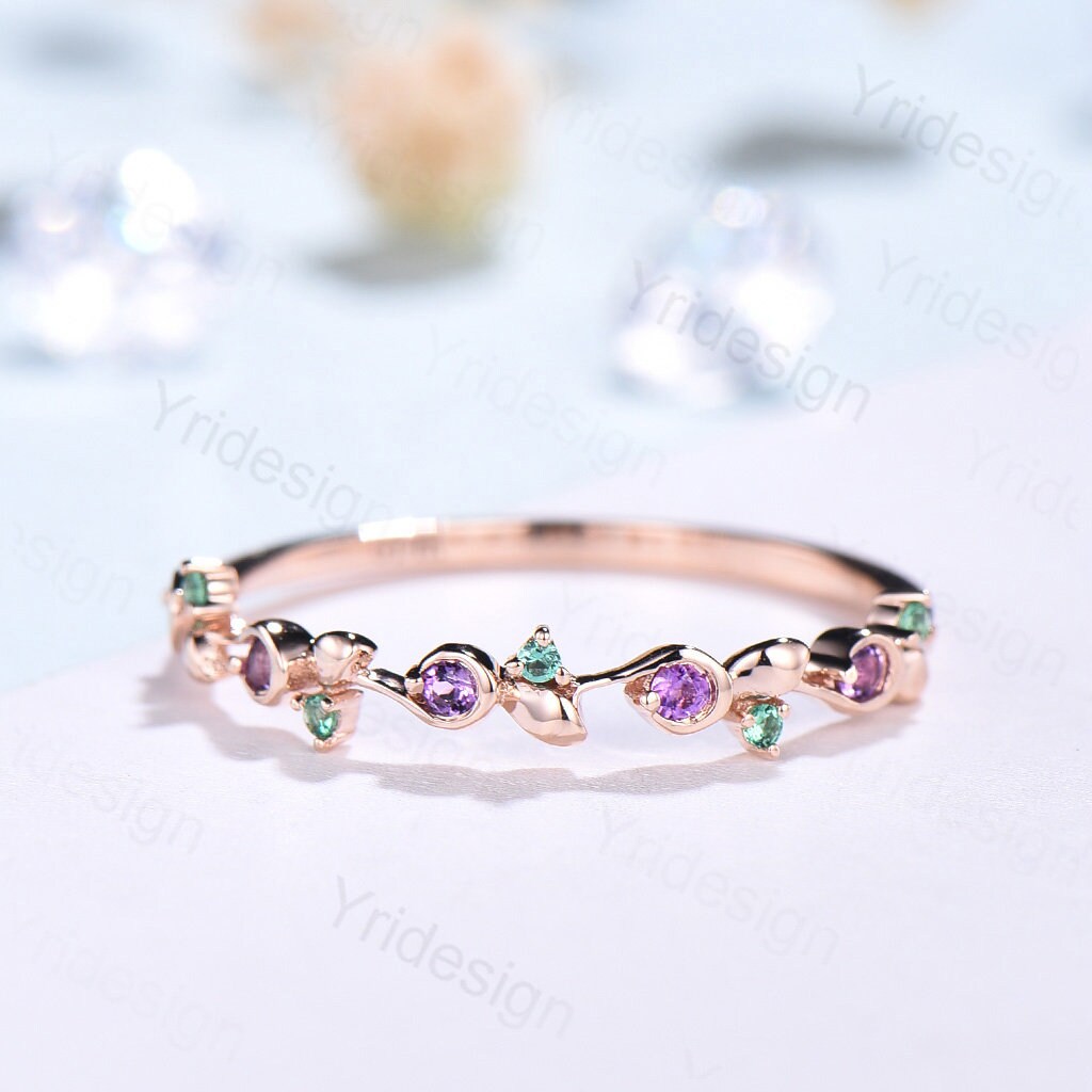 Dainty Queen Wedding Band Vintage Emerald And Amethyst Stacking Ring For Women Rose Gold Art Deco fianc¨¦e Wedding Ring Anniversary Gift - PENFINE