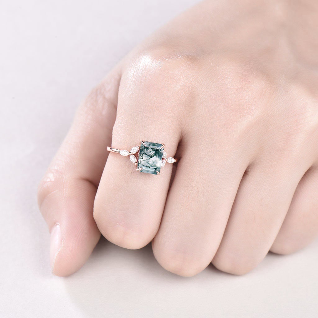 Vintage Emerald Cut Moss Agate Ring Rose Gold-14K/18K Art Deco Green Marquise Diamond Engagement Ring Wedding Ring Women Anniversary Ring - PENFINE