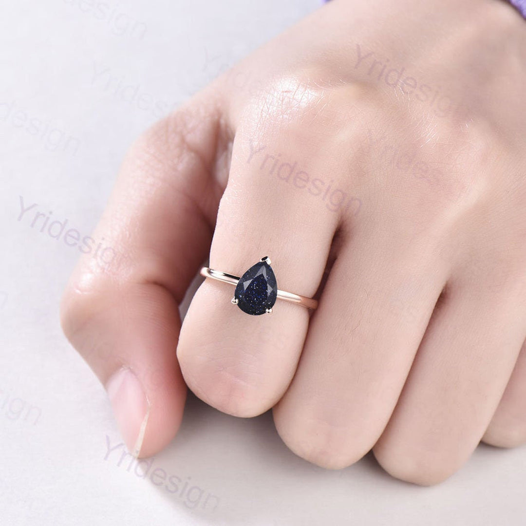 Solitaire Blue Sandstone Ring Dainty Pear Galaxy Engagement Ring Classic Galaxy Star Blue Ring Rose Gold For Women Simple Dainty bridal - PENFINE