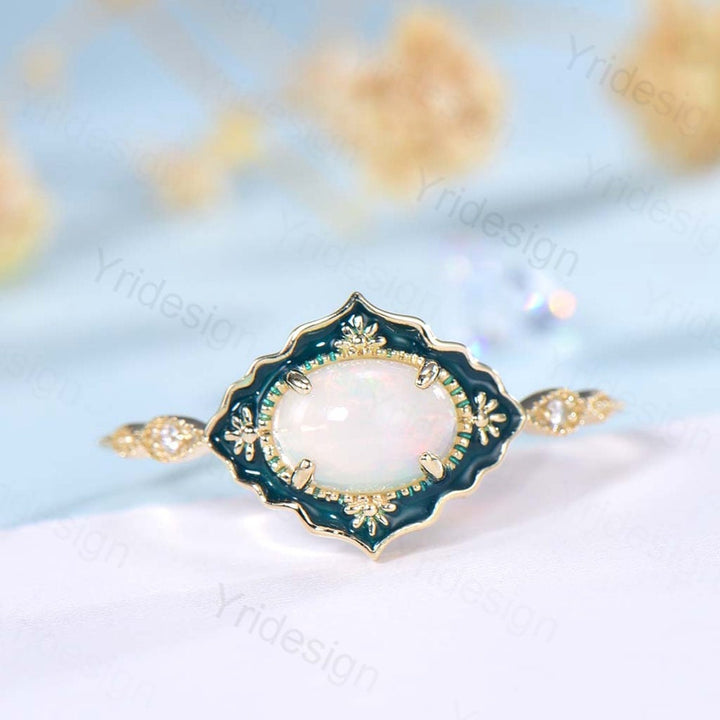 Vintage Opal Engagement Ring-Unique Opal Enamel Wedding Ring Yellow Gold-Marquise Milgrain Wedding Band Antique Anniversary Gift Women Set - PENFINE