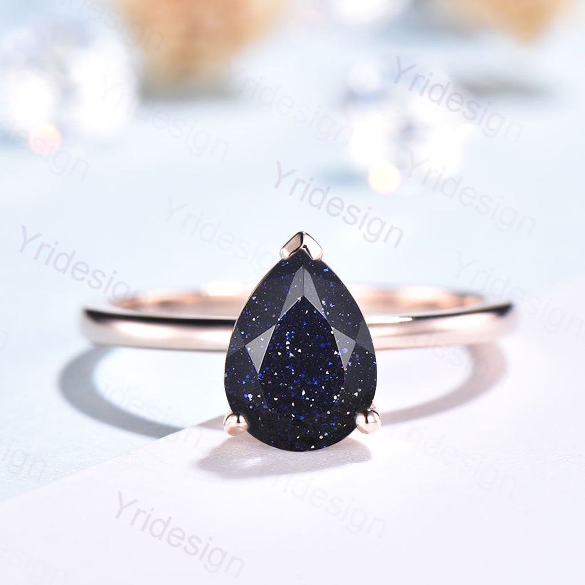 Solitaire Blue Sandstone Ring Dainty Pear Galaxy Engagement Ring Classic Galaxy Star Blue Ring Rose Gold For Women Simple Dainty bridal - PENFINE