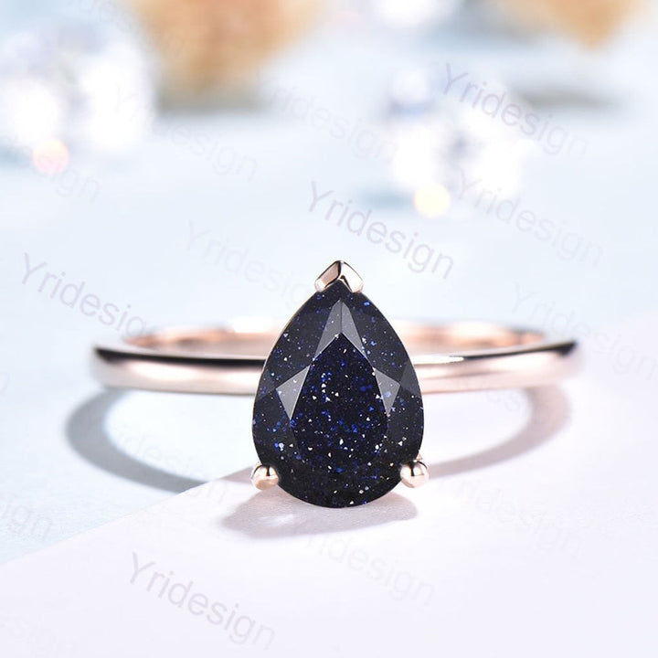 Solitaire Blue Sandstone Ring Dainty Pear Galaxy Engagement Ring Classic Galaxy Star Blue Ring Rose Gold For Women Simple Dainty bridal - PENFINE