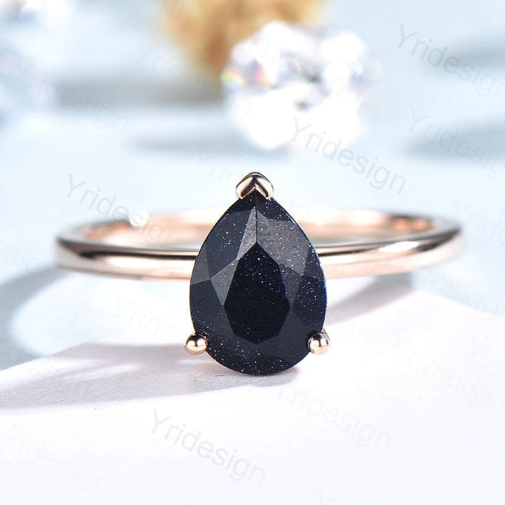 Solitaire Blue Sandstone Ring Dainty Pear Galaxy Engagement Ring Classic Galaxy Star Blue Ring Rose Gold For Women Simple Dainty bridal - PENFINE