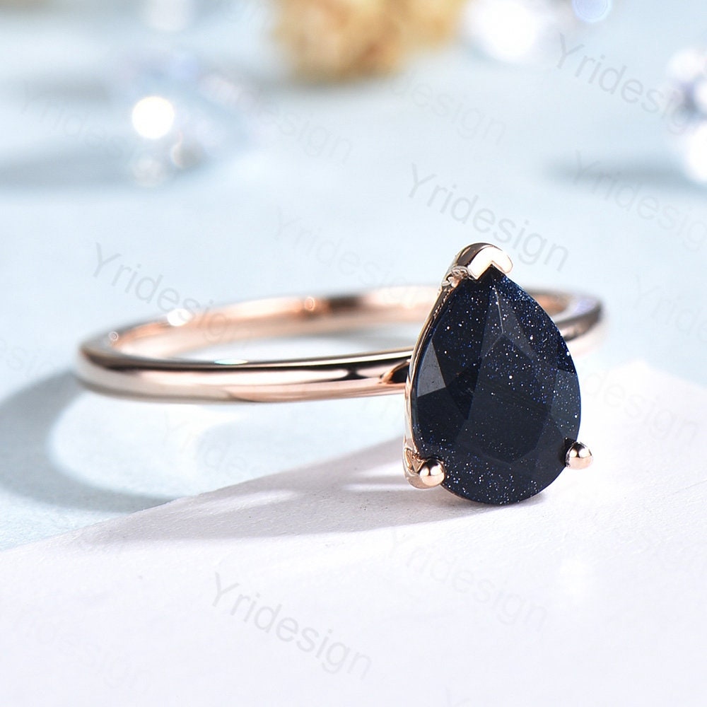 Solitaire Blue Sandstone Ring Dainty Pear Galaxy Engagement Ring Classic Galaxy Star Blue Ring Rose Gold For Women Simple Dainty bridal - PENFINE