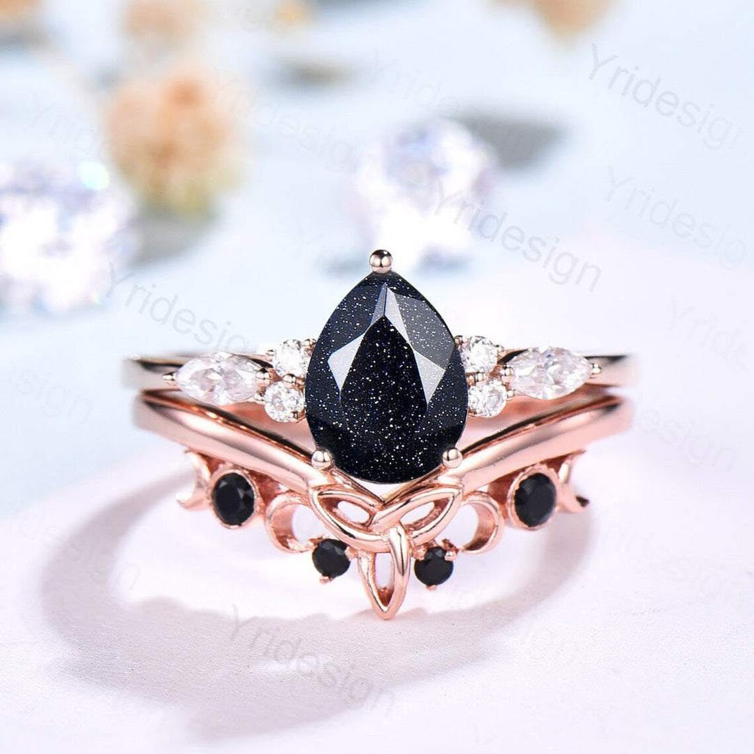 1.25CT Teardrop Star Blue Sandstone Ring Set 7 Stone Cluster Moissanite Galaxy Engagement Ring Set Norse Viking Black Stone Stacking Ring - PENFINE