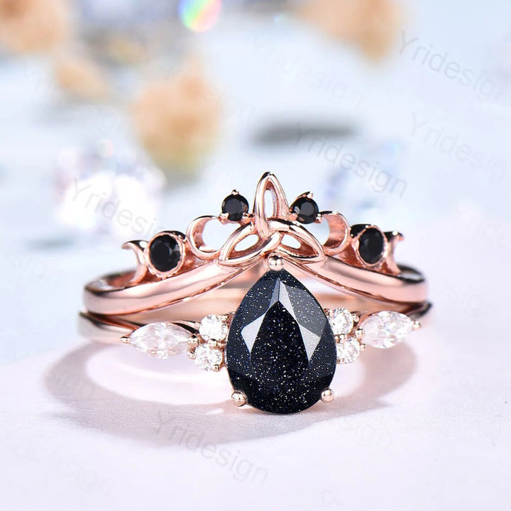 1.25CT Teardrop Star Blue Sandstone Ring Set 7 Stone Cluster Moissanite Galaxy Engagement Ring Set Norse Viking Black Stone Stacking Ring - PENFINE