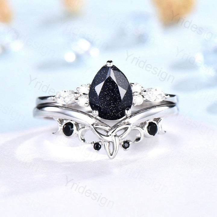 1.25CT Teardrop Star Blue Sandstone Ring Set 7 Stone Cluster Moissanite Galaxy Engagement Ring Set Norse Viking Black Stone Stacking Ring - PENFINE