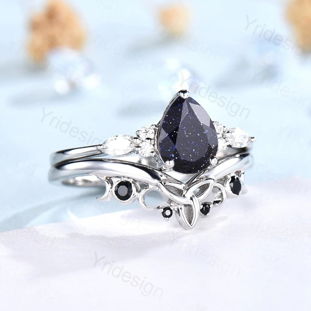 1.25CT Teardrop Star Blue Sandstone Ring Set 7 Stone Cluster Moissanite Galaxy Engagement Ring Set Norse Viking Black Stone Stacking Ring - PENFINE