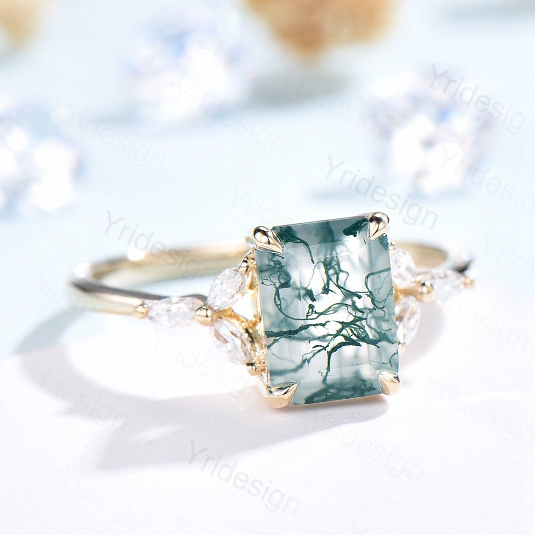 Vintage Emerald Cut Moss Agate Ring Rose Gold-14K/18K Art Deco Green Marquise Diamond Engagement Ring Wedding Ring Women Anniversary Ring - PENFINE