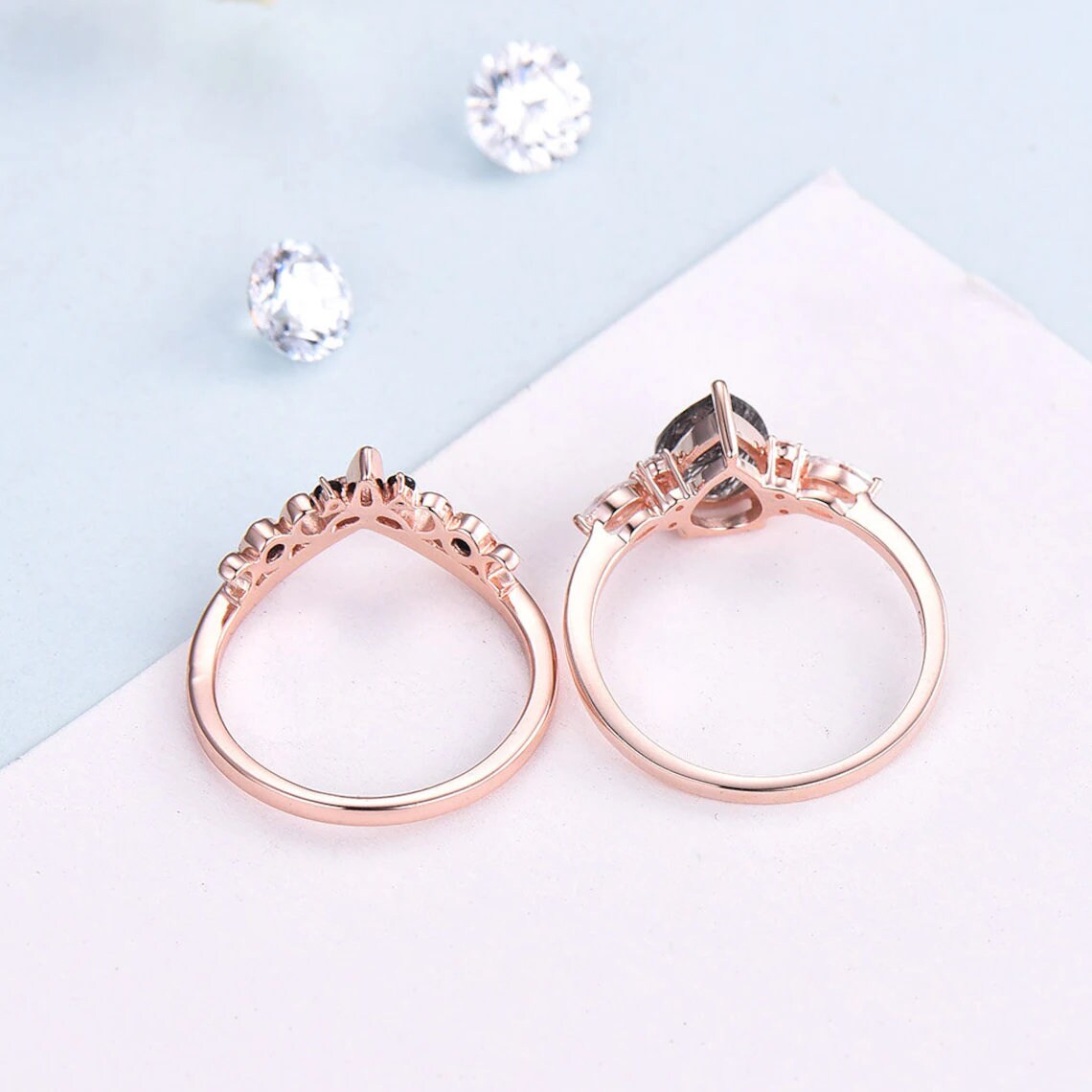 Oval blue sandstone engagement ring set 14k rose gold Galaxy vintage unique  engagement ring moissanite ring for women Norse Viking Jewelry