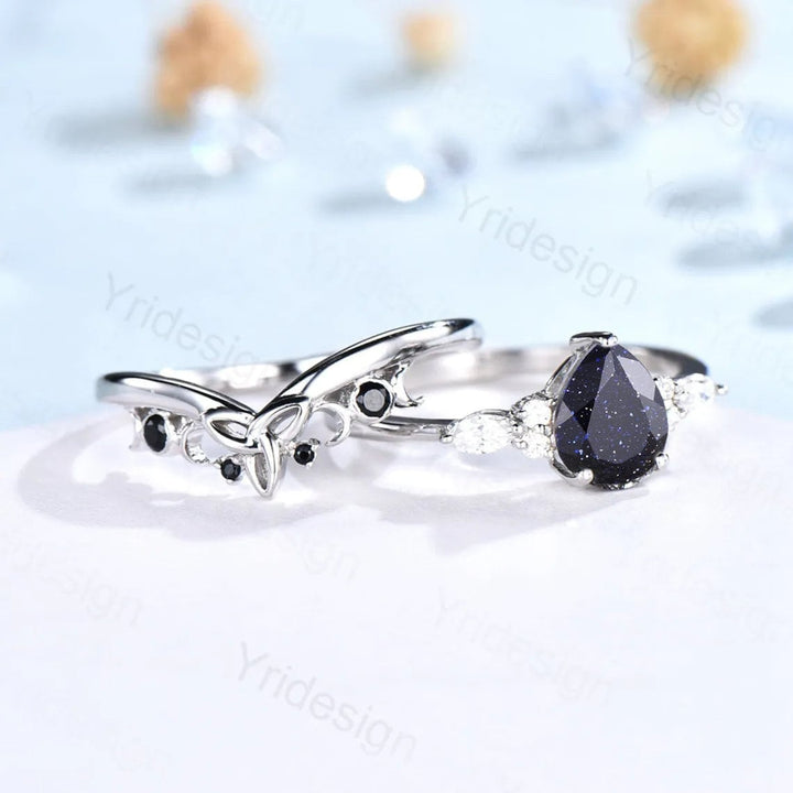 1.25CT Teardrop Star Blue Sandstone Ring Set 7 Stone Cluster Moissanite Galaxy Engagement Ring Set Norse Viking Black Stone Stacking Ring - PENFINE