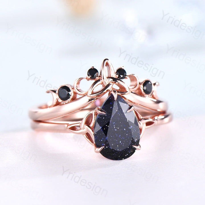 Unique blue sandstone engagement ring set Norse Viking galaxy vintage black gemstone wedding ring set stacking celtic love bridal ring set - PENFINE