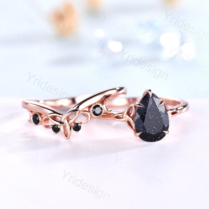 Unique blue sandstone engagement ring set Norse Viking galaxy vintage black gemstone wedding ring set stacking celtic love bridal ring set - PENFINE
