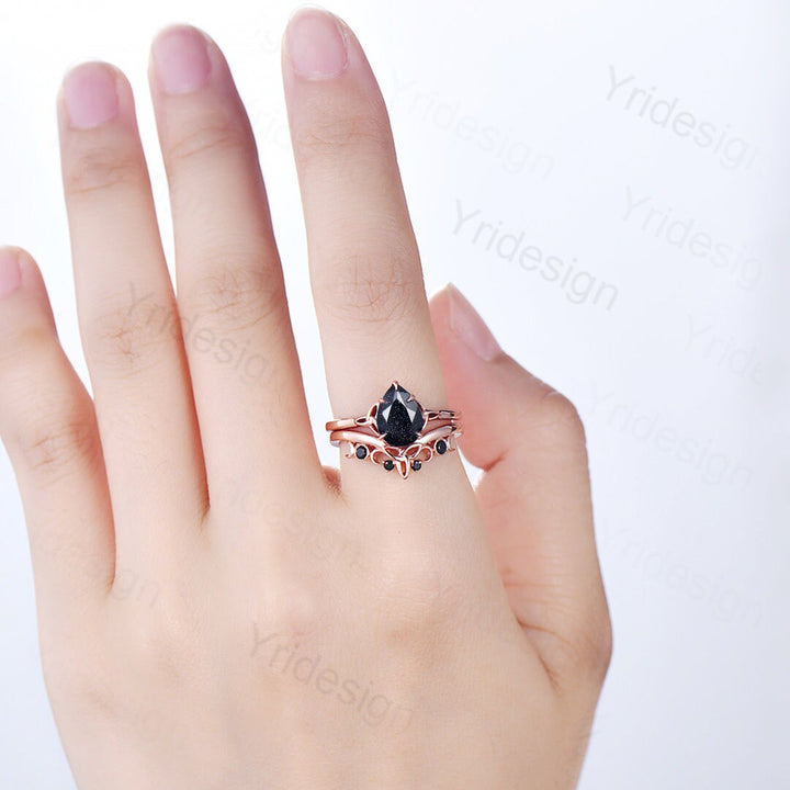 Unique blue sandstone engagement ring set Norse Viking galaxy vintage black gemstone wedding ring set stacking celtic love bridal ring set - PENFINE