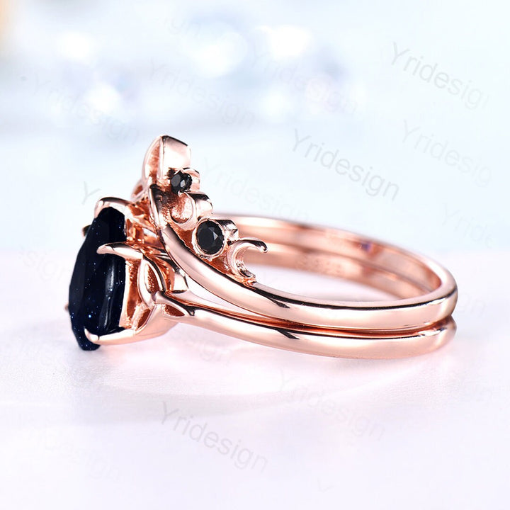 Unique blue sandstone engagement ring set Norse Viking galaxy vintage black gemstone wedding ring set stacking celtic love bridal ring set - PENFINE