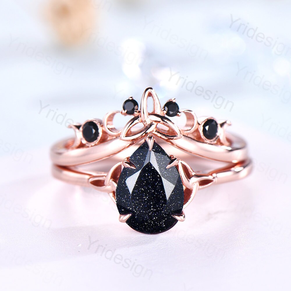 Unique blue sandstone engagement ring set Norse Viking galaxy vintage black gemstone wedding ring set stacking celtic love bridal ring set - PENFINE