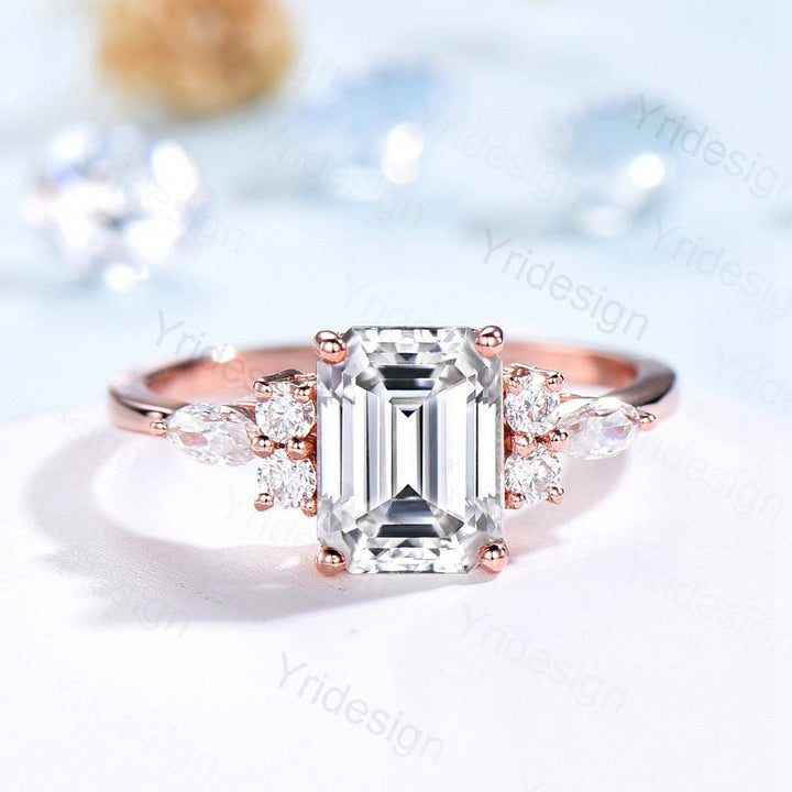 Emerald Cut Wedding Ring Moissanite Engagement Ring Rose Gold   Cluster Marquise Diamond Promise Bridal Ring Anniversary Gift for Women Wife - PENFINE