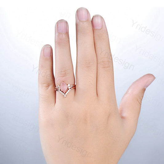 Unique Rose Quartz Engagement Ring Set Rhombus Shape Rose Gold Pink Quartz Wedding Ring Set, Nature Inspired Ring, Art Deco Wedding Band V - PENFINE