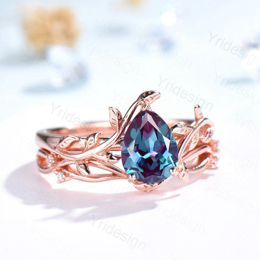 Pear shaped alexandrite wedding ring set rose gold vintage Leaf vine alexandrite engagement ring for women Unique June Birthstone bridal set - PENFINE