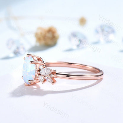 Oval white opal engagement ring | Vintage Rose gold wedding ring | Unique Delicate Moissanite/diamond Ring | Anniversary wedding ring - PENFINE