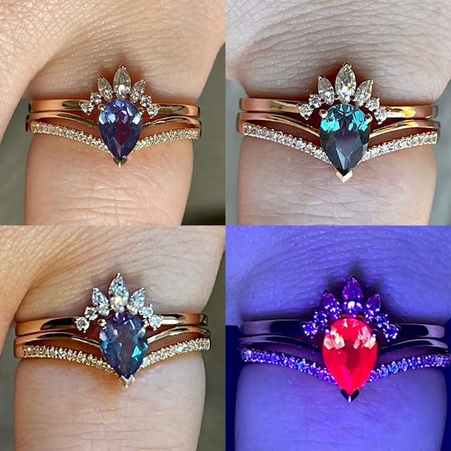 Split shank pear alexandrite wedding bridal set 2pcs art deco moissanite alexandrite engagement ring set rose gold June birthstone ring gift - PENFINE