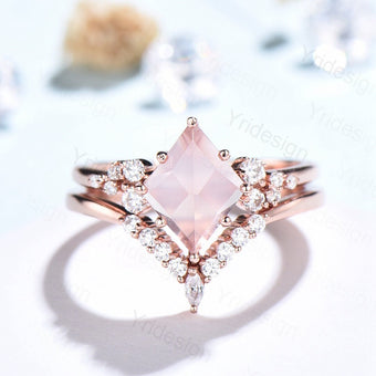 Unique Rose Quartz Engagement Ring Set Rhombus Shape Rose Gold Pink Quartz Wedding Ring Set, Nature Inspired Ring, Art Deco Wedding Band V - PENFINE