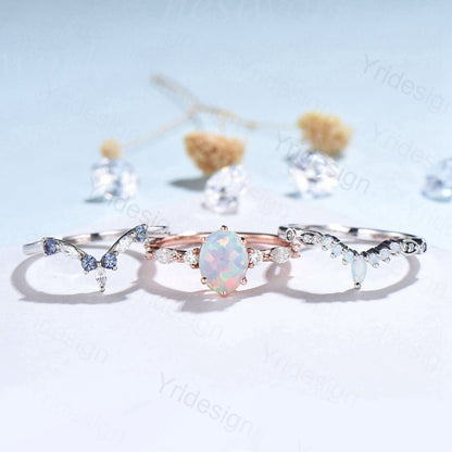 Vintage opal engagement ring set | 3pcs Unique rose gold fire opal wedding set | Art deco gold stacking ring | 6 Prongs bridal set - PENFINE