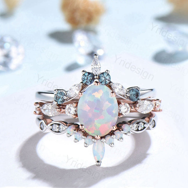 Vintage opal engagement ring set | 3pcs Unique rose gold fire opal wedding set | Art deco gold stacking ring | 6 Prongs bridal set - PENFINE