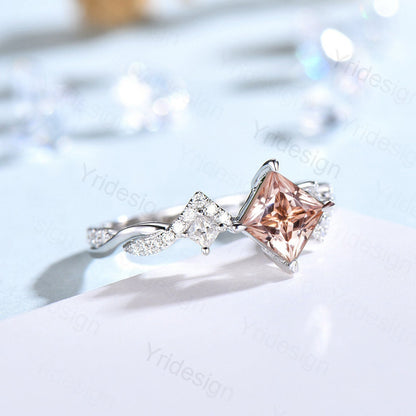 5mm Princess cut morganite engagement ring rose gold-Unique peach morganite infinity moissanite wedding band-vintage anniversary rings - PENFINE