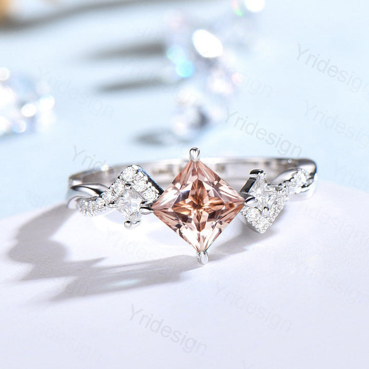 5mm Princess cut morganite engagement ring rose gold-Unique peach morganite infinity moissanite wedding band-vintage anniversary rings - PENFINE