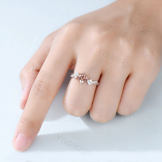 5mm Princess cut morganite engagement ring rose gold-Unique peach morganite infinity moissanite wedding band-vintage anniversary rings - PENFINE
