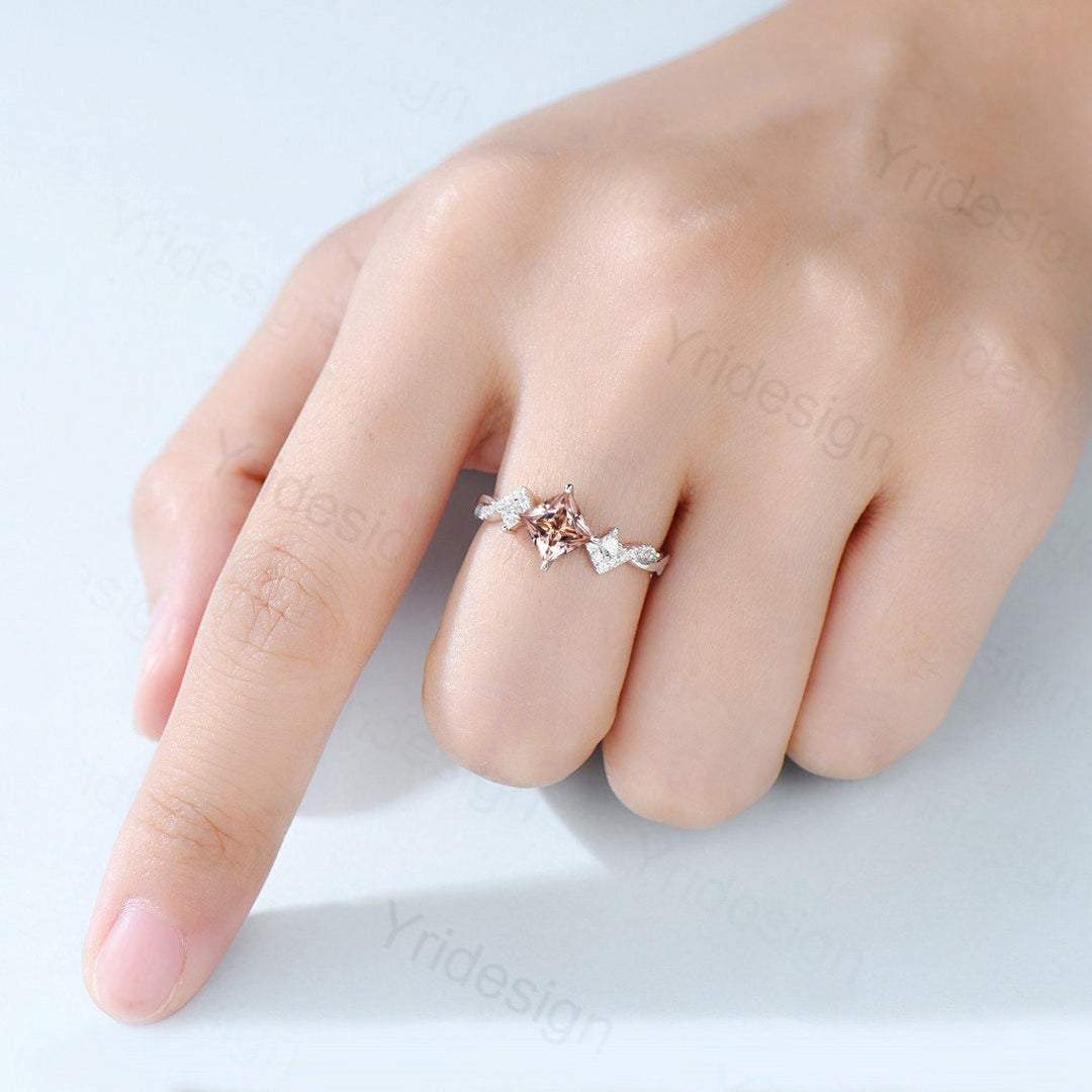 5mm Princess cut morganite engagement ring rose gold-Unique peach morganite infinity moissanite wedding band-vintage anniversary rings - PENFINE