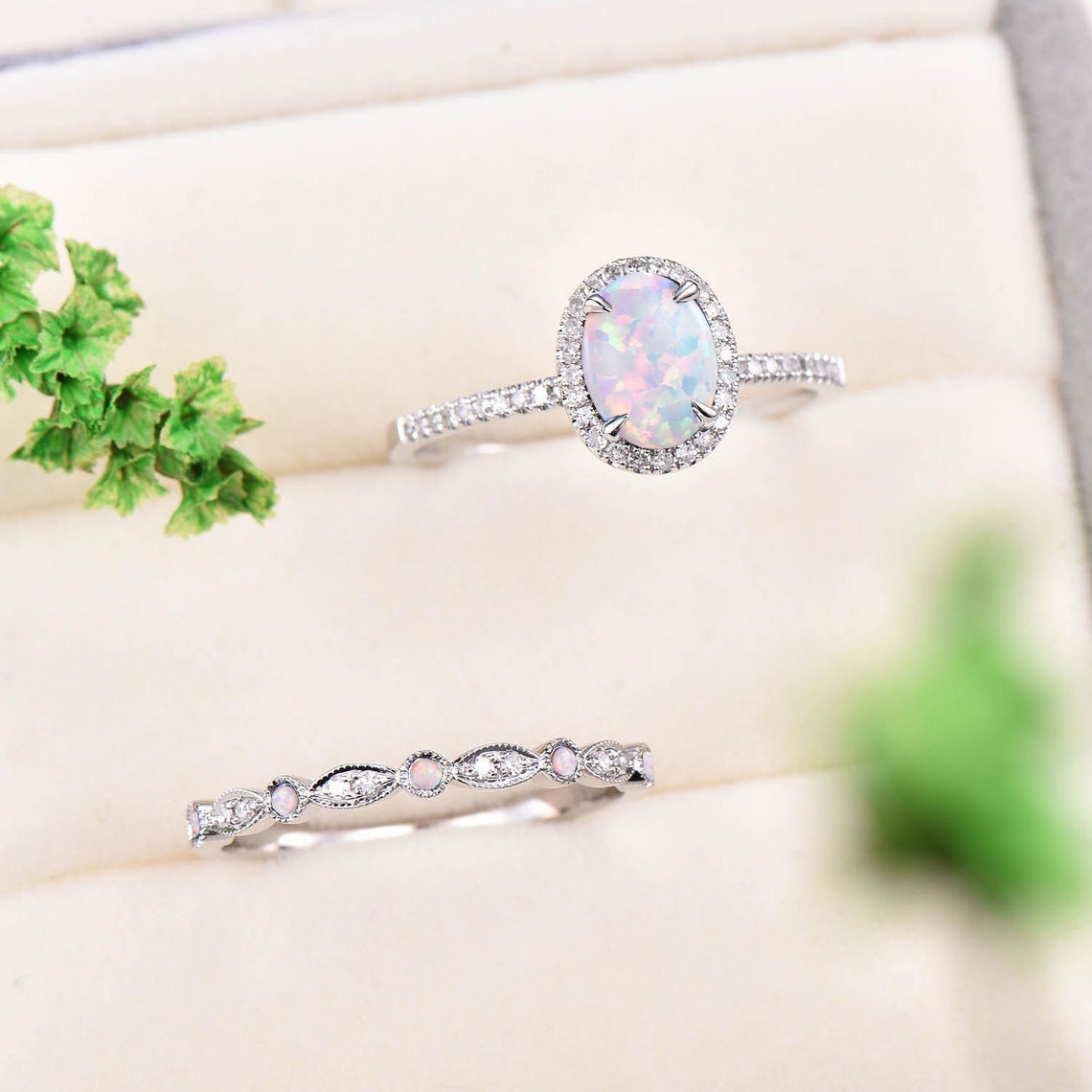 Oval White Fire Opal Engagement Ring Set White gold diamond halo ring antique sapphire wedding ring set October birthstone bridal ring set - PENFINE